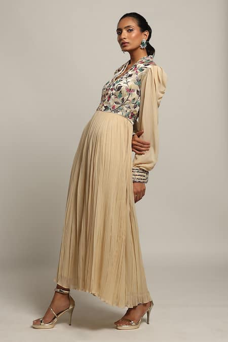 Shop Sejal Kamdar Beige Gajji Silk And Georgette Embroidery Floral Balloon Sleeve Dress Online at Aza Fashions Shop_Sejal Kamdar_Beige Gajji Silk And Georgette Embroidery Floral Balloon Sleeve Dress _Online_at_Aza_Fashions