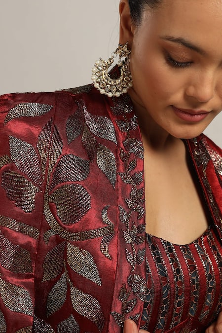 Buy_Sejal Kamdar_Maroon Gajji Silk And German Satin Embroidery Stripwork & Jacket & Dhoti Skirt Set 