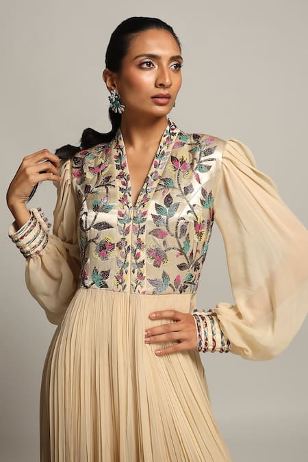Sejal Kamdar Beige Gajji Silk And Georgette Embroidery Floral Balloon Sleeve Dress at Aza Fashions Sejal Kamdar_Beige Gajji Silk And Georgette Embroidery Floral Balloon Sleeve Dress _at_Aza_Fashions
