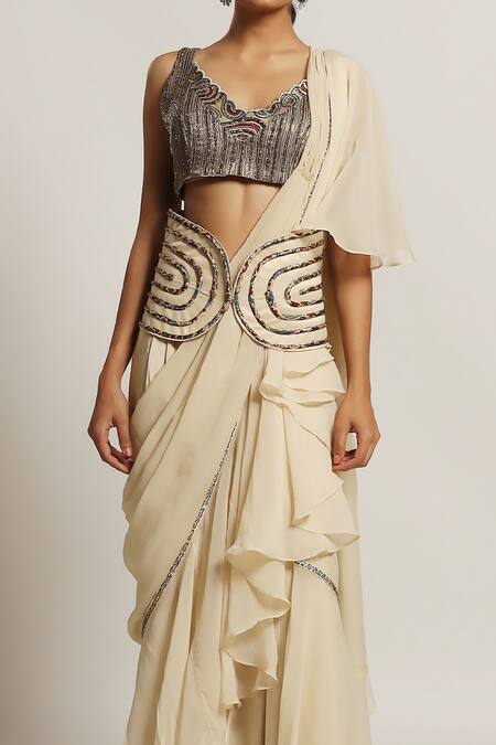 Sejal Kamdar Beige Organza Embroidery Cutdana Ruffle Pant Saree With Blouse Online at Aza Fashions Sejal Kamdar_Beige Organza Embroidery Cutdana Ruffle Pant Saree With Blouse _Online_at_Aza_Fashions