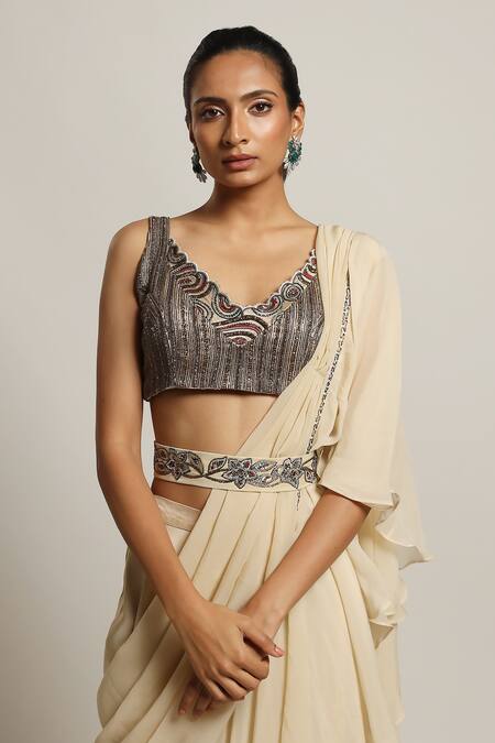 Buy_Sejal Kamdar_Beige Organza, Satin Cut Work, Embroidery Scoop Ruffle Pant Saree With Blouse _Online_at_Aza_Fashions