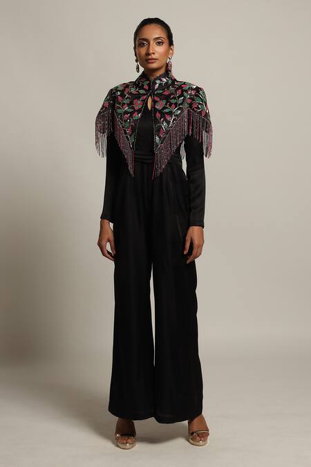 Sejal Kamdar_Black Silk, Satin, Gingham Embroidery Mandarin Jumpsuit With Embellished Jacket _Online_at_Aza_Fashions