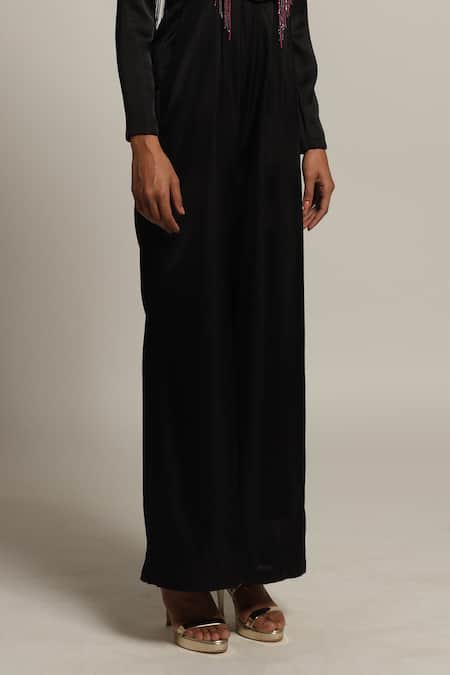 Buy_Sejal Kamdar_Black Silk, Satin, Gingham Embroidery Mandarin Jumpsuit With Embellished Jacket _Online_at_Aza_Fashions