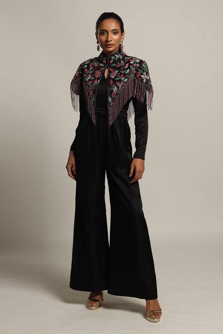 Shop_Sejal Kamdar_Black Silk, Satin, Gingham Embroidery Mandarin Jumpsuit With Embellished Jacket _Online_at_Aza_Fashions