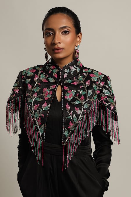 Sejal Kamdar_Black Silk, Satin, Gingham Embroidery Mandarin Jumpsuit With Embellished Jacket _at_Aza_Fashions