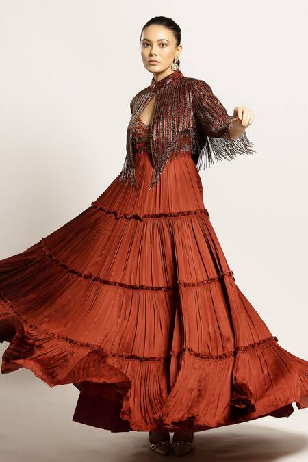 Sejal Kamdar_Maroon Gajji Silk And German Satin Embroidery Ajrakh Panel Short & Layered Set _Online_at_Aza_Fashions