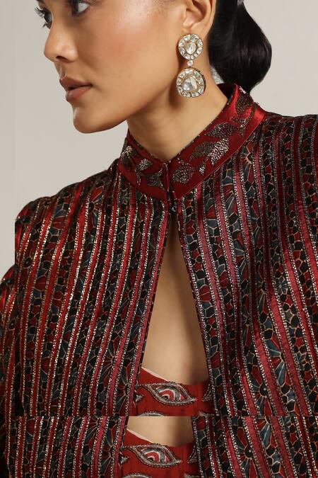 Buy_Sejal Kamdar_Maroon Gajji Silk And German Satin Embroidery Ajrakh Panel Short & Layered Set _Online_at_Aza_Fashions