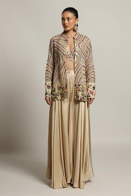 Sejal Kamdar Beige Gajji Silk Embellished Pipe Jacket Stripe Flared Pant Set Online at Aza Fashions Sejal Kamdar_Beige Gajji Silk Embellished Pipe Jacket Stripe Flared Pant Set _Online_at_Aza_Fashions