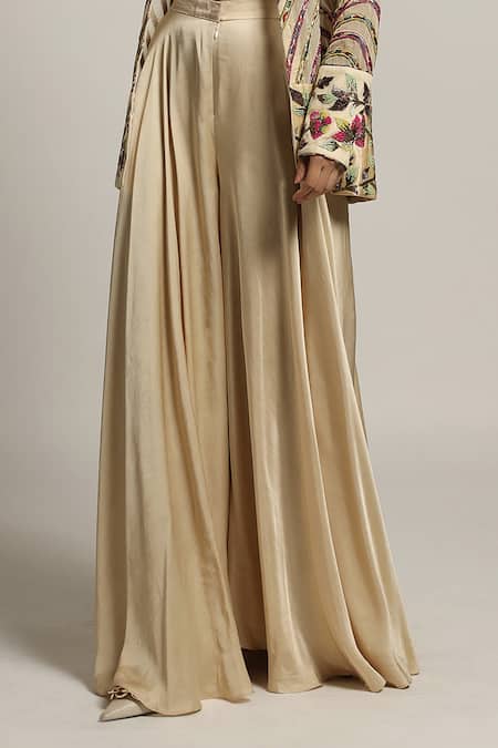 Buy Sejal Kamdar Beige Gajji Silk Embellished Pipe Jacket Stripe Flared Pant Set Online at Aza Fashions Buy_Sejal Kamdar_Beige Gajji Silk Embellished Pipe Jacket Stripe Flared Pant Set _Online_at_Aza_Fashions