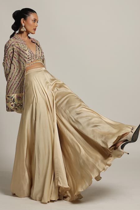 Shop Sejal Kamdar Beige Gajji Silk Embellished Pipe Jacket Stripe Flared Pant Set Online at Aza Fashions Shop_Sejal Kamdar_Beige Gajji Silk Embellished Pipe Jacket Stripe Flared Pant Set _Online_at_Aza_Fashions