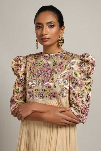 Sejal Kamdar Beige Gajji Silk Embroidery Cut Pipe Round Yoke Gathered Dress Online at Aza Fashions Sejal Kamdar_Beige Gajji Silk Embroidery Cut Pipe Round Yoke Gathered Dress _Online_at_Aza_Fashions