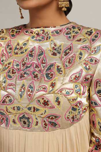 Buy Sejal Kamdar Beige Gajji Silk Embroidery Cut Pipe Round Yoke Gathered Dress Online at Aza Fashions Buy_Sejal Kamdar_Beige Gajji Silk Embroidery Cut Pipe Round Yoke Gathered Dress _Online_at_Aza_Fashions
