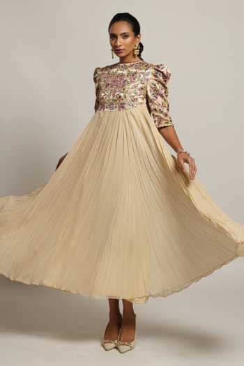Shop Sejal Kamdar Beige Gajji Silk Embroidery Cut Pipe Round Yoke Gathered Dress Online at Aza Fashions Shop_Sejal Kamdar_Beige Gajji Silk Embroidery Cut Pipe Round Yoke Gathered Dress _Online_at_Aza_Fashions