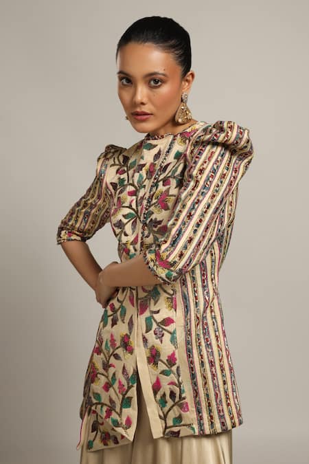 Sejal Kamdar_Beige Gajji Silk Embellished Cut Pipe Round Draped Jacket And Flared Pant Set _at_Aza_Fashions