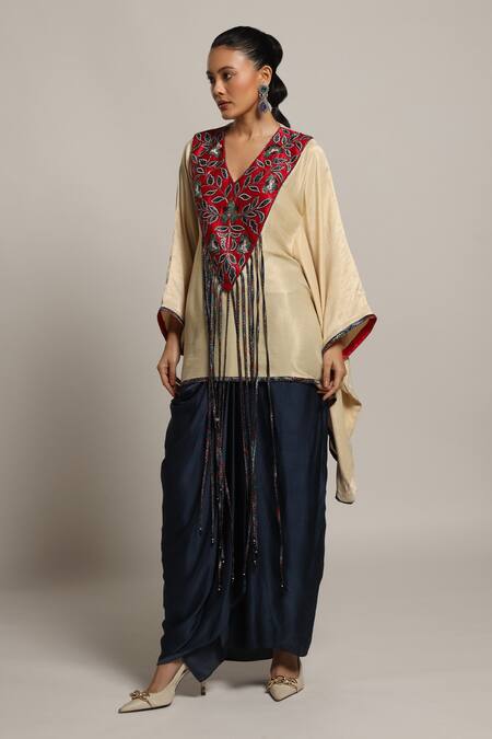 Sejal Kamdar Beige Satin Beads, Cut Work Flower Vine Yoke Embellished Kaftan With Skirt Online at Aza Fashions Sejal Kamdar_Beige Satin Beads, Cut Work Flower Vine Yoke Embellished Kaftan With Skirt _Online_at_Aza_Fashions