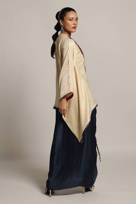 Shop Sejal Kamdar Beige Satin Beads, Cut Work Flower Vine Yoke Embellished Kaftan With Skirt Online at Aza Fashions Shop_Sejal Kamdar_Beige Satin Beads, Cut Work Flower Vine Yoke Embellished Kaftan With Skirt _Online_at_Aza_Fashions