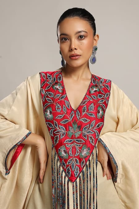 Sejal Kamdar Beige Satin Beads, Cut Work Flower Vine Yoke Embellished Kaftan With Skirt at Aza Fashions Sejal Kamdar_Beige Satin Beads, Cut Work Flower Vine Yoke Embellished Kaftan With Skirt _at_Aza_Fashions