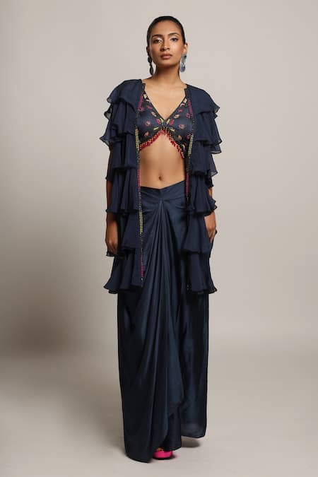 Sejal Kamdar_Blue Gingham, Organza, Gabardine Beads, Layered Jacket And Draped Dhoti Skirt Set _Online_at_Aza_Fashions