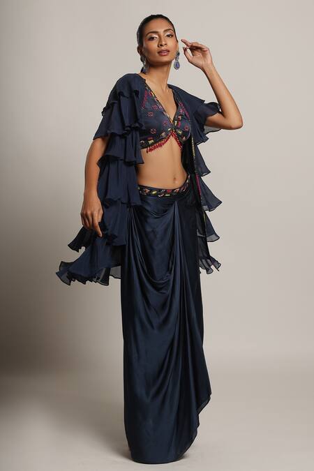 Sejal Kamdar_Blue Gingham, Organza, Gabardine Beads, Layered Jacket And Draped Dhoti Skirt Set _at_Aza_Fashions