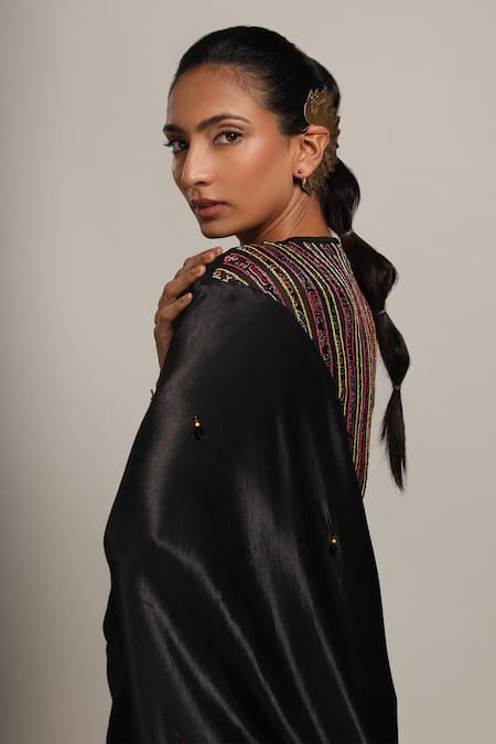 Sejal Kamdar_Black Organza, Satin Beads, Cut Work Boat Neck Yoke Embellished Kaftan _Online_at_Aza_Fashions