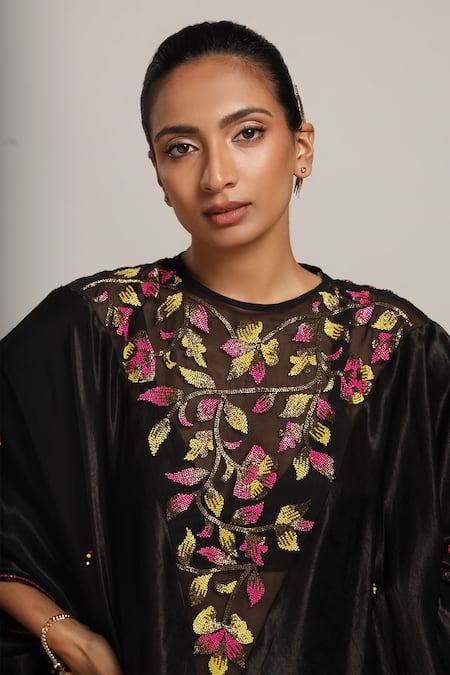 Buy_Sejal Kamdar_Black Organza, Satin Beads, Cut Work Boat Neck Yoke Embellished Kaftan _Online_at_Aza_Fashions