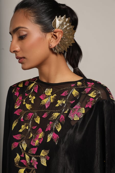 Shop_Sejal Kamdar_Black Organza, Satin Beads, Cut Work Boat Neck Yoke Embellished Kaftan _Online_at_Aza_Fashions