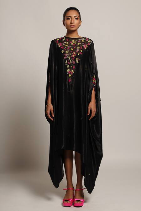 Sejal Kamdar_Black Organza, Satin Beads, Cut Work Boat Neck Yoke Embellished Kaftan _at_Aza_Fashions