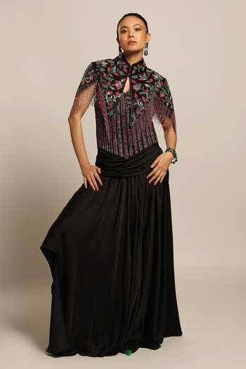 Sejal Kamdar_Black Gajji Silk Embellished Cut Pipe Mandarin Short Jacket And Draped Skirt Set _Online_at_Aza_Fashions