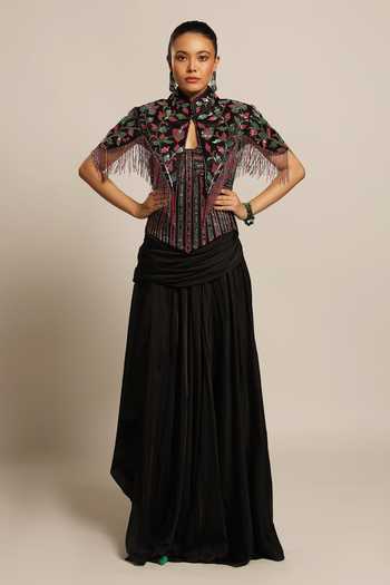 Buy_Sejal Kamdar_Black Gajji Silk Embellished Cut Pipe Mandarin Short Jacket And Draped Skirt Set _Online_at_Aza_Fashions