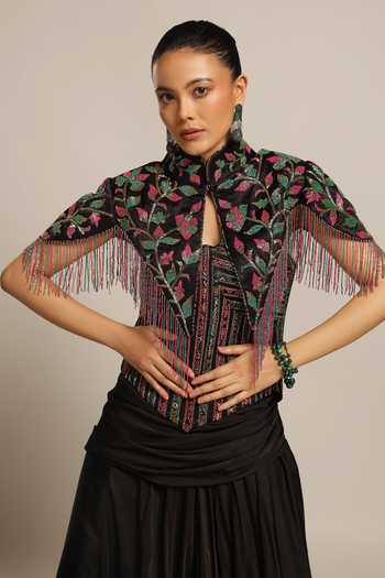 Sejal Kamdar_Black Gajji Silk Embellished Cut Pipe Mandarin Short Jacket And Draped Skirt Set _at_Aza_Fashions