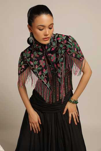 Buy_Sejal Kamdar_Black Gajji Silk Embellished Cut Pipe Mandarin Short Jacket And Draped Skirt Set 