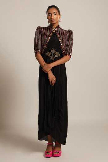 Sejal Kamdar Black Gajji Silk Embellished Cut Pipe Gown Draped With Short Jacket Online at Aza Fashions Sejal Kamdar_Black Gajji Silk Embellished Cut Pipe Gown Draped With Short Jacket _Online_at_Aza_Fashions