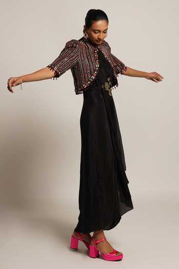 Buy Sejal Kamdar Black Gajji Silk Embellished Cut Pipe Gown Draped With Short Jacket Online at Aza Fashions Buy_Sejal Kamdar_Black Gajji Silk Embellished Cut Pipe Gown Draped With Short Jacket _Online_at_Aza_Fashions