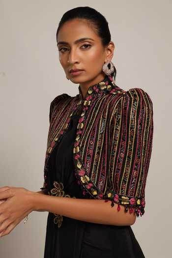 Shop Sejal Kamdar Black Gajji Silk Embellished Cut Pipe Gown Draped With Short Jacket Online at Aza Fashions Shop_Sejal Kamdar_Black Gajji Silk Embellished Cut Pipe Gown Draped With Short Jacket _Online_at_Aza_Fashions