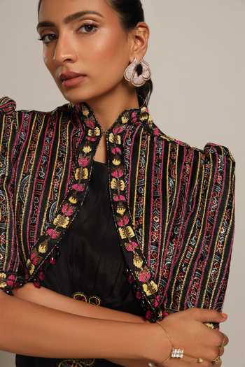 Sejal Kamdar Black Gajji Silk Embellished Cut Pipe Gown Draped With Short Jacket at Aza Fashions Sejal Kamdar_Black Gajji Silk Embellished Cut Pipe Gown Draped With Short Jacket _at_Aza_Fashions