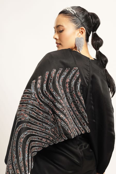 Sejal Kamdar_Black German Satin Embellished Cut Pipe V Neck Draped Jumpsuit _Online_at_Aza_Fashions