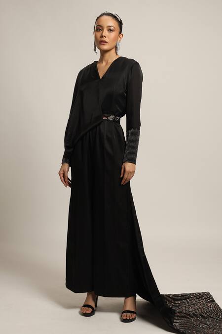 Buy_Sejal Kamdar_Black German Satin Embellished Cut Pipe V Neck Draped Jumpsuit _Online_at_Aza_Fashions