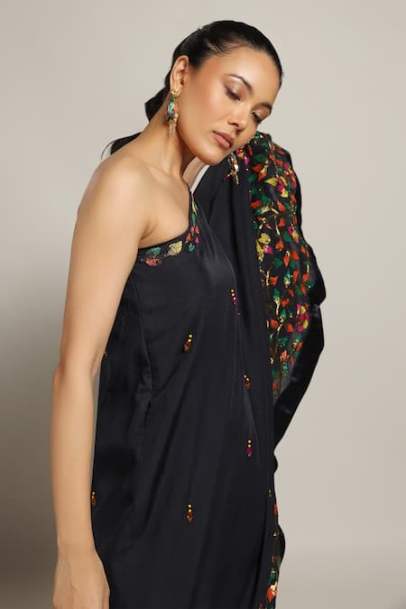 Sejal Kamdar_Blue Crepe Embellished Cut Pipe Asymmetric One Shoulder Kaftan _Online_at_Aza_Fashions