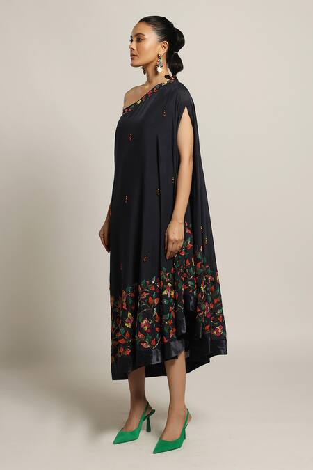 Buy_Sejal Kamdar_Blue Crepe Embellished Cut Pipe Asymmetric One Shoulder Kaftan _Online_at_Aza_Fashions