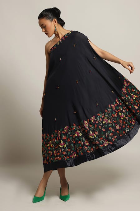 Shop_Sejal Kamdar_Blue Crepe Embellished Cut Pipe Asymmetric One Shoulder Kaftan _Online_at_Aza_Fashions