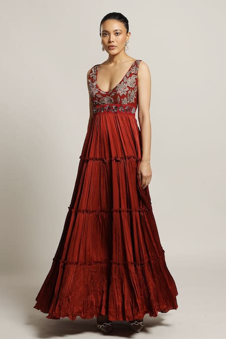 Sejal Kamdar Maroon Silk, Satin Embroidery Scoop Neck Yoke Layered Gown Online at Aza Fashions Sejal Kamdar_Maroon Silk, Satin Embroidery Scoop Neck Yoke Layered Gown _Online_at_Aza_Fashions