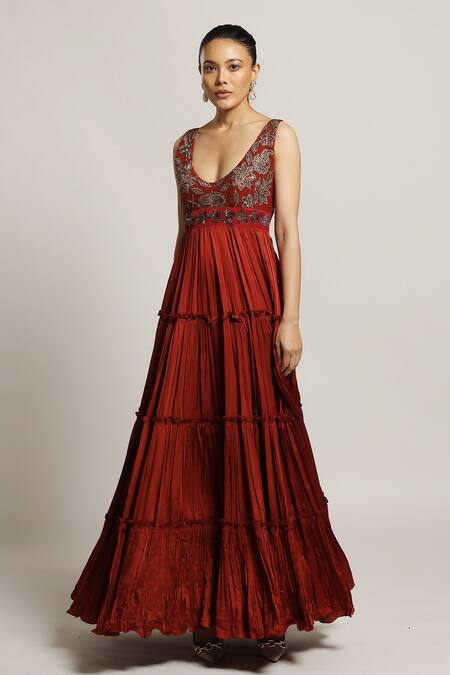 Shop_Sejal Kamdar_Maroon Gajji Silk And German Satin Embroidery Ajrakh Panel Short & Layered Set _Online_at_Aza_Fashions