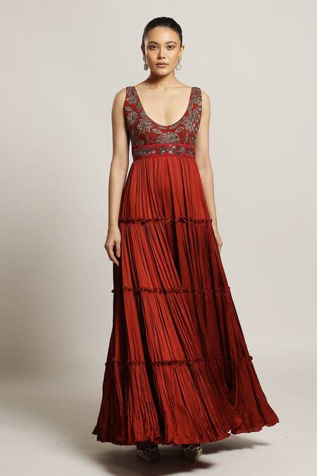 Sejal Kamdar_Maroon Gajji Silk And German Satin Embroidery Ajrakh Panel Short & Layered Set _at_Aza_Fashions