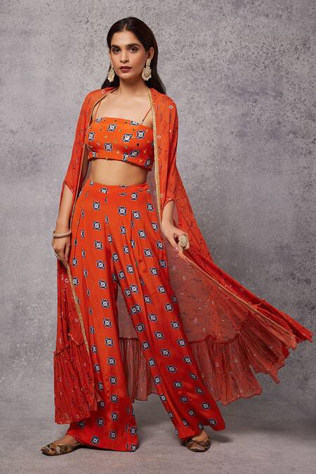 Buy_Senren By Eshana Raut_Orange Crepe, Georgette Embroidery Square Neck Flower Print Cape And Pant Set _Online_at_Aza_Fashions