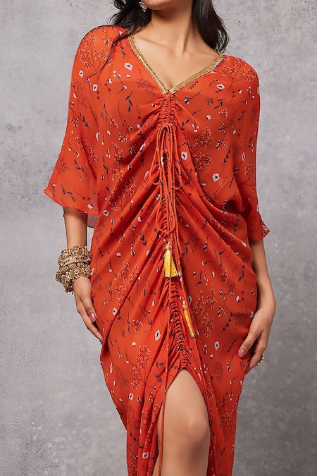 Senren by Eshana Raut_Orange Georgette V-neck Flower Print Kaftan _Online_at_Aza_Fashions