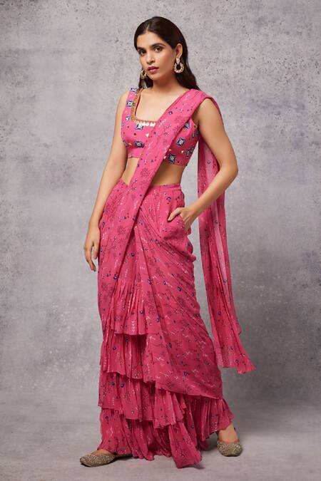 Senren By Eshana Raut_Pink Georgette, Crepe Mirrors Pre-draped Flower Bloom Print Saree With Blouse _Online_at_Aza_Fashions