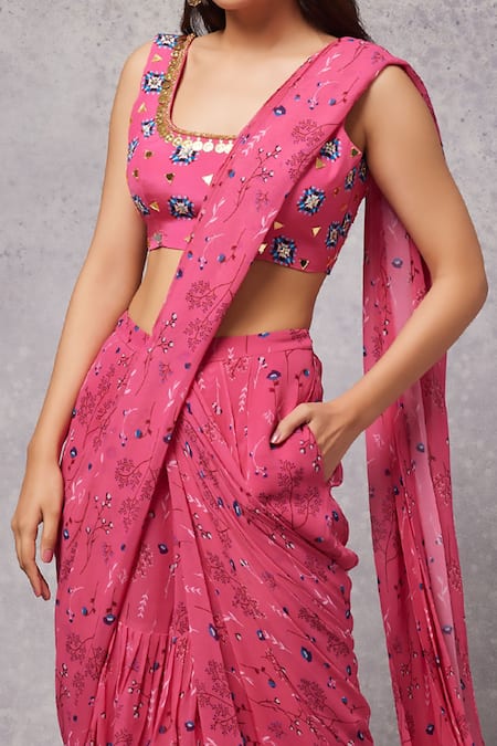 Buy_Senren By Eshana Raut_Pink Georgette, Crepe Mirrors Pre-draped Flower Bloom Print Saree With Blouse _Online_at_Aza_Fashions