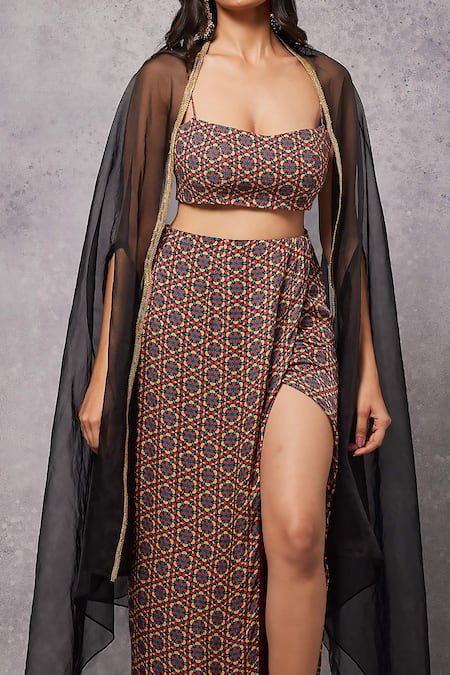 Senren By Eshana Raut_Maroon Modal, Satin Cut Work, Sheer Cape And Kaleidoscope Print Skirt Set _Online_at_Aza_Fashions