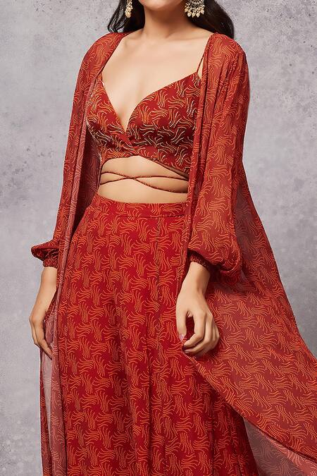 Senren By Eshana Raut_Red Blouse Crepe Print Swirl Line Bodysuit Plunging V Neck Cape And Sharara Set _Online_at_Aza_Fashions