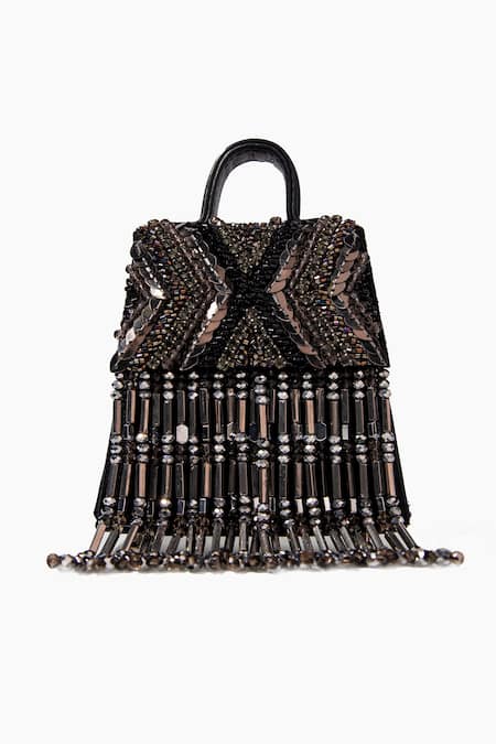 Born Flash_Black Beads, Sequins Seraphim Embellished Leather Bag _Online_at_Aza_Fashions